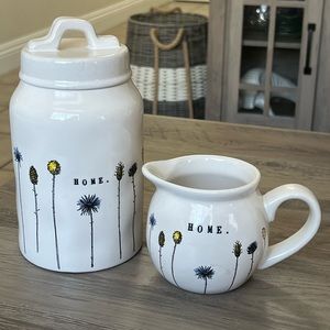 Rae Dunn HOME Creamer and Jar Canister with Lid Blue Yellow Wild Flowers Design